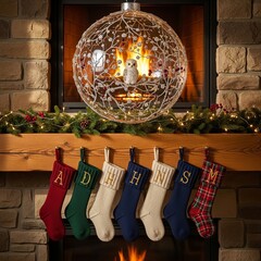 Vintage Christmas tree with holiday lights and presents near a decorated fireplace in a cozy winter interior room