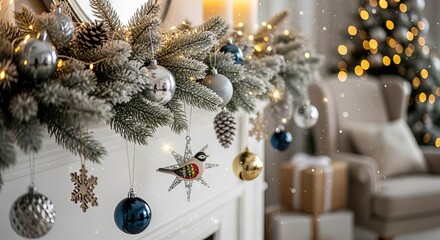 A festive, gold and red Christmas ball ornament decoration hangs on a green fir tree branch for the winter holiday season celebration