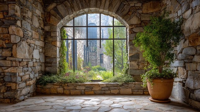   A window in a stone building with a potted plant in the foreground and a stone wall in the background