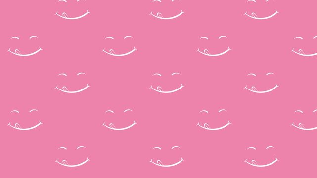 Loop animation emoticon licking mouth with tongue. Seamless pink pattern. A joyful, contented and well-fed full face. Yummy tasty icon. Delicious foodie yum symbol.