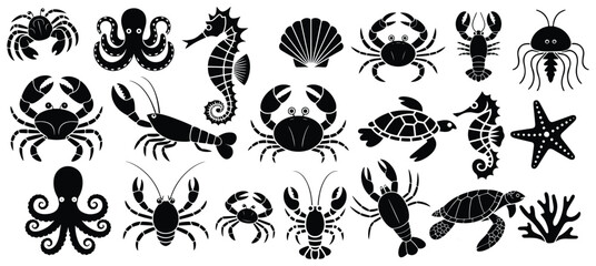Underwater animals silhouettes set, Silhouette marine life including crabs lobsters seahorses turtles and octopuses, Sea animals silhouette collection, Vector illustration © magic390