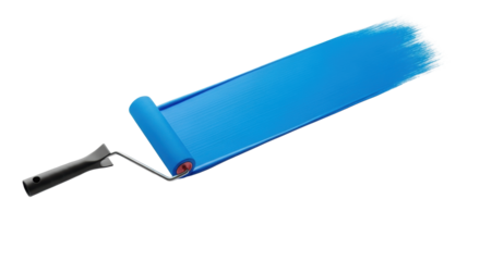 modern paint roller in motion, dark handle, metallic frame, applying a vibrant blue paint stroke on a transparent studio background with copy space, concept of new beginnings and change