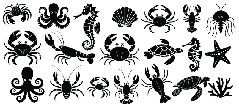 Underwater animals silhouettes set, Silhouette marine life including crabs lobsters seahorses turtles and octopuses, Sea animals silhouette collection, Vector illustration