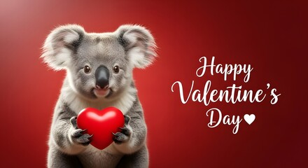 Cute koala holding a red heart with Happy Valentine's Day text on a red background animal