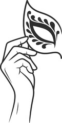 Elegant Masquerade Mask Held by Hand Line Art Illustration.