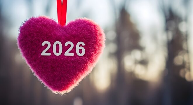 Fluffy pink heart ornament with white numbers 2026 hanging on red ribbon image