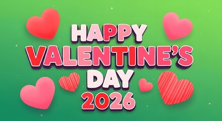 Happy Valentine's Day 2026 with Pink Hearts and Green Gradient Background love romance