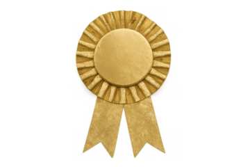 Gold award ribbon representing first place, victory, achievement, success, recognition, and championship on a transparent background