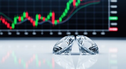 A close-up of two brilliant cut diamonds on a glossy surface, with the colorful, out-of-focus candlestick chart of a financial exchange visible behind them