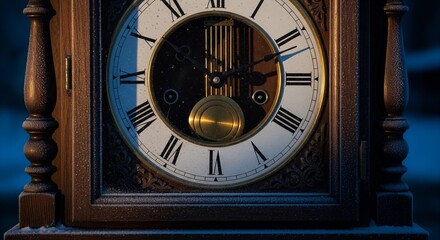 Antique pendulum clock with Roman numerals showing late hour at night.