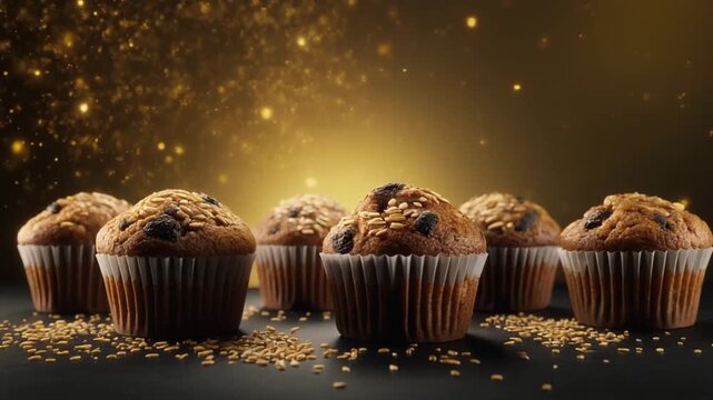 Delicious chocolate chip muffins with golden glitter falling on a dark background