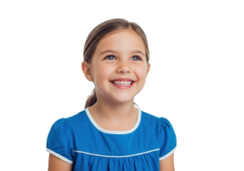 Young girl, 6-8 years old, light brown hair, wide genuine smile, sparkling eyes, vibrant blue dress, bright studio, soft lighting, bokeh background, concept of childhood joy and optimism