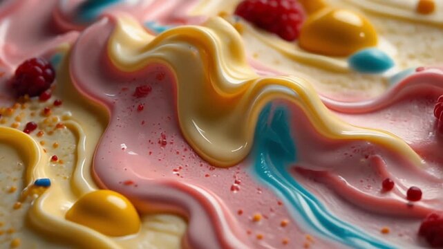 Close-up of colorful frosting with raspberries and candy dots.