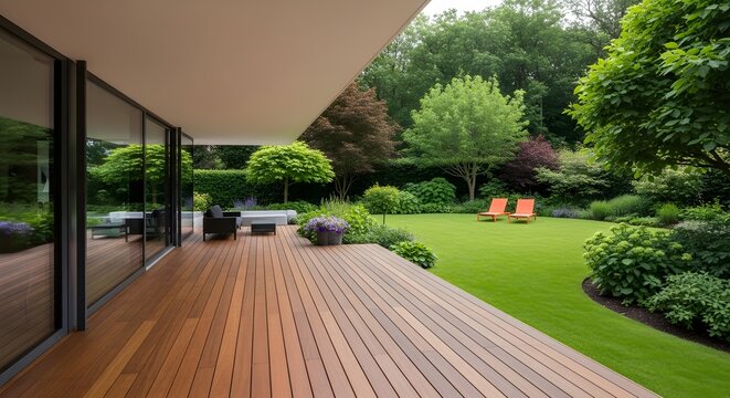 Modern Backyard Patio with Lush Garden and Orange Lounge Chairs deck wooden
