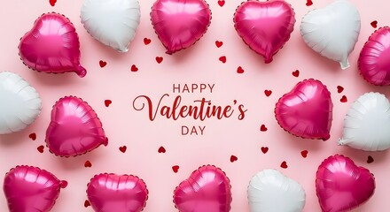 Pink and White Heart Shaped Balloons Scattered on a Pink Background for Valentine's Day