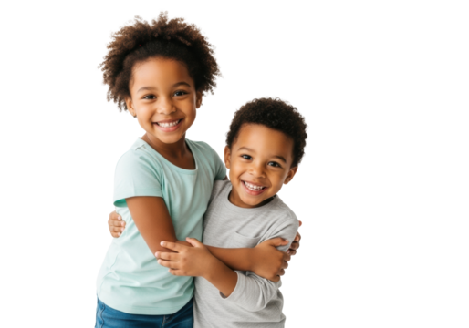 Young mixed-race children playfully interacting with joyful smiles, looking at camera on a bright white studio background, concept of authentic childhood joy
