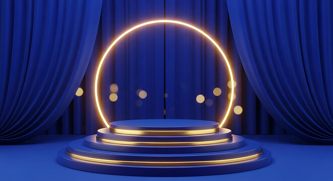 Elegant blue podium stage with golden glowing ring light and luxurious velvet curtains backdrop, ideal for product display, awards, and festive event presentations.