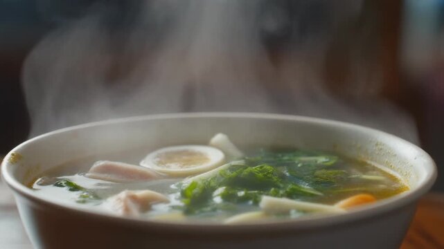 A close-up of a steaming hot bowl of soup filled with a boiled egg, green vegetables, and other ingredients.