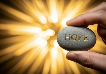 A hand holding a stone with the word 'Hope' in front of a radiant light, a creative concept for finding inspiration, belief, and a path forward in life