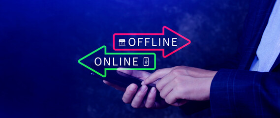 Online vs offline business sales or marketing strategy concept, Transition from offline to online in commerce business.