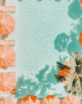 Aerial view of a turquoise pool surrounded by peach umbrellas and palm shadows, capturing a dreamy summer vacation atmosphere in soft pastel tones.