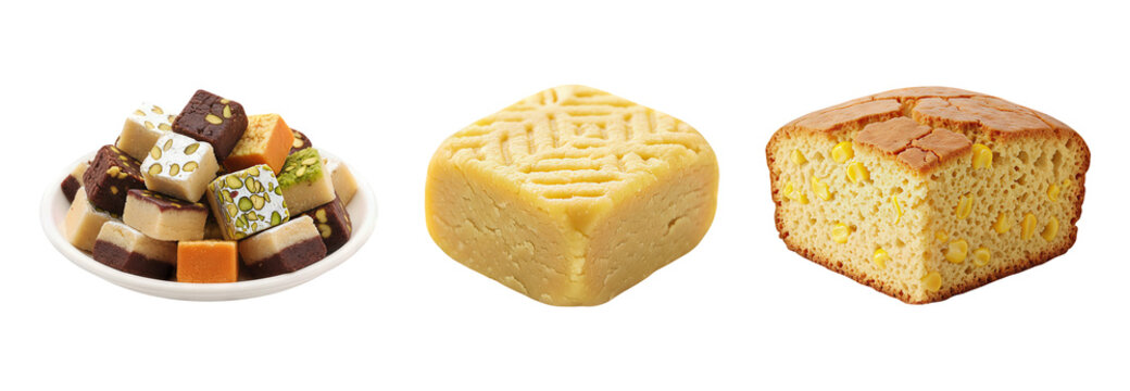 Assortment of Indian Mithai Burfi with Pistachio Fudge Yellow Sweet Cake and Cornbread Slice Isolated on White Background for Festive Celebration Dessert