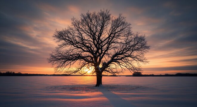 Solitary tree stands in a snow-covered field at sunset, winter landscape