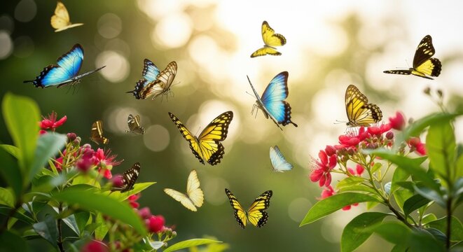 A beautiful swarm of colorful blue and yellow butterflies flying around vibrant pink flowers in a lush, sunlit garden creating a magical and enchanting summer scene