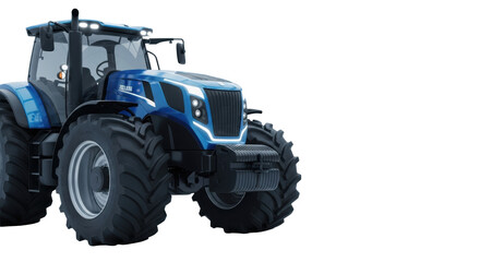 Obraz premium Pristine dark blue futuristic agricultural tractor, sleek design, large treaded tires, LED headlights, isolated on white studio background with copy space. Concept of smart farming technology