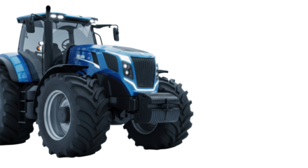 Pristine dark blue futuristic agricultural tractor, sleek design, large treaded tires, LED headlights, isolated on white studio background with copy space. Concept of smart farming technology