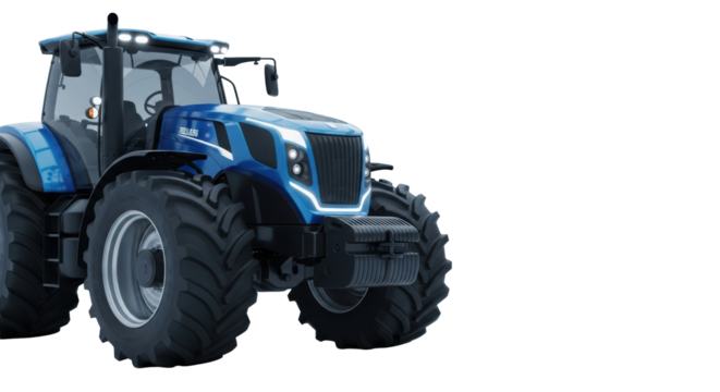 Pristine dark blue futuristic agricultural tractor, sleek design, large treaded tires, LED headlights, isolated on white studio background with copy space. Concept of smart farming technology