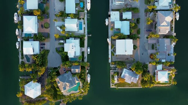 Aerial view of beautiful waterfront vacation houses on beautiful canals and waterway