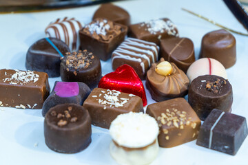 A mix of different chocolates. Belgian chocolate. Sweet Candy set. Food
