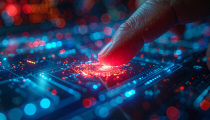 Technological touchpoint: A finger hovers over a vibrant circuit board, with glowing nodes of energy, representing the fusion of human interaction with advanced technology.