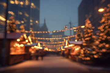 Blurred Christmas market scene glowing lights festive atmosphere winter evening city street decorated with illuminated trees and wooden stalls