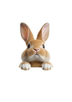 Light brown fluffy rabbit with large ears, dark curious eyes, small pink nose, and white paws peeking upwards, emerging from below, against a transparent background with copy space. Concept of