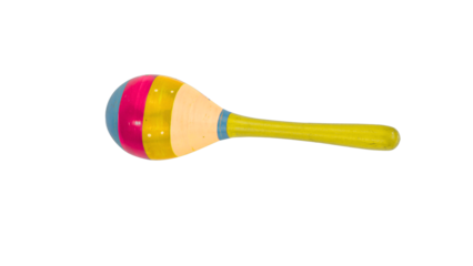 A brightly colored striped wooden maraca and a classic percussion shaker instrument for latin music and rhythm on transparent background