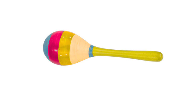 A brightly colored striped wooden maraca and a classic percussion shaker instrument for latin music and rhythm on transparent background