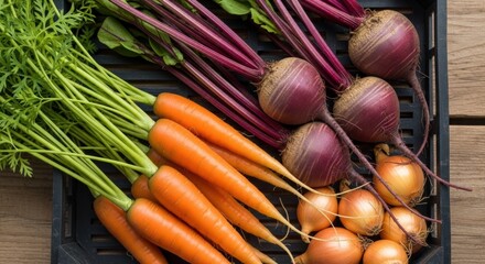 A rustic crate filled with a colorful harvest of fresh organic vegetables, featuring vibrant carrots with green tops, earthy beetroots with purple stems, and golden onions
