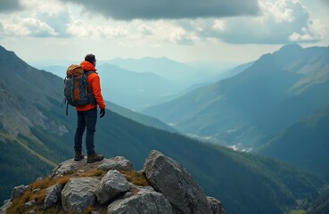 Fototapeta na wymiar Man with backpack stands on rocky mountain summit looking over vast blue hills. Hiker wears orange jacket, enjoys expansive landscape view after climbing. Peaceful nature scene with distant valley.