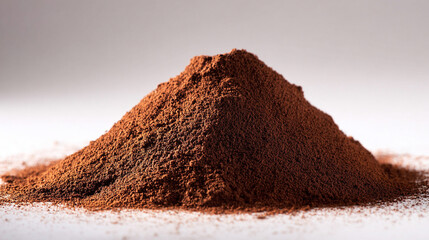 A close up pile of rich brown coffee powder on a clean surface, showing fine texture and deep color that evokes fresh aroma, warmth, and the ritual of morning brewing.
