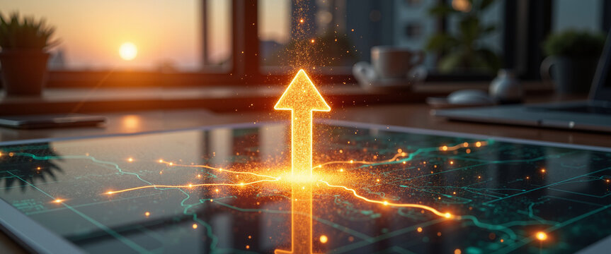 Financial roadmap dissolving into particles leading to success at dawn  