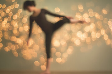 Defocused woman performing balance exercises with soft bokeh light background, graceful pose, artistic movement, blurred figure, warm atmosphere, peaceful mood