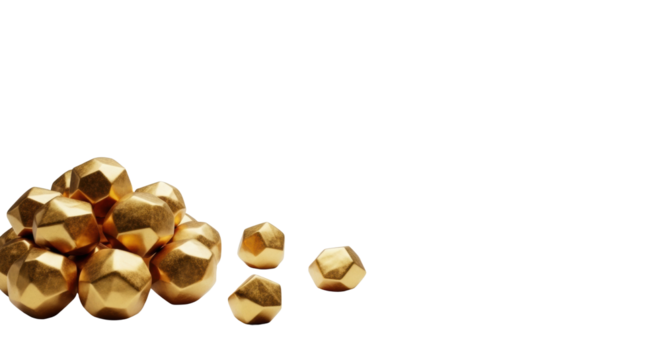 Golden metallic, multifaceted nuggets with sharp edges and luminous luster, arranged in a cluster against a minimalist matte white studio background with soft lighting, concept of prosperity and