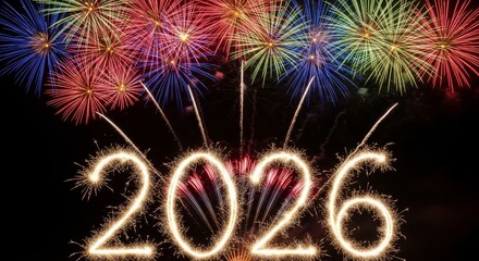 Fototapeta premium Sparkling 2026 New Year Celebration Fireworks - Festive fireworks display with the year 2026 spelled out in sparkling lights, symbolizing hope, celebration, and a bright future