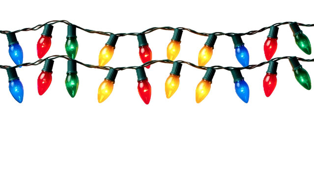 A festive string of classic colorful Christmas lights with red, blue, and green bulbs isolated on a white background for holiday decoration.
