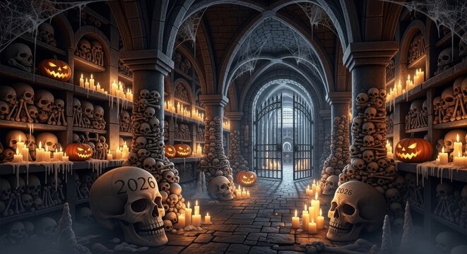 Spooky Halloween Crypt Scene - A spooky crypt filled with skulls, pumpkins, and candles creates a perfect Halloween atmosphere