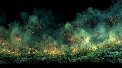 Green fireworks bursting along the edges of the frame, glowing sparks and radiant trails illuminating the dark sky with vibrant emerald light.