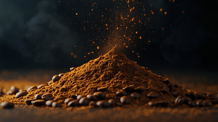 A close up pile of rich brown coffee powder on a clean surface, showing fine texture and deep color that evokes fresh aroma, warmth, and the ritual of morning brewing.
