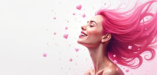 Happy woman with long pink hair smiles feeling pure joy, freedom. Beautiful girl face portrait with eyes closed in pleasure. Abstract hearts fly around flowing hair. Illustration for love, beauty,